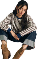 Blu Pepper Women's Brown Striped Crew Neck V-stitch Long Sleeve Knit Top 