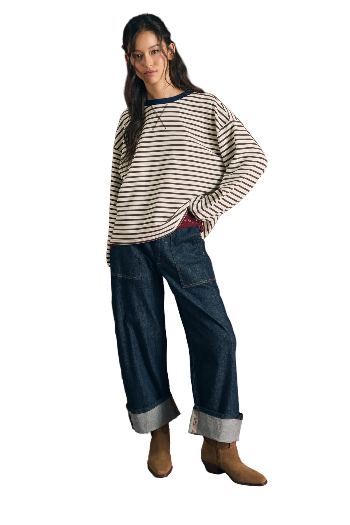 Blu Pepper Women's Brown Striped Crew Neck V-stitch Long Sleeve Knit Top 