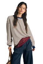 Blu Pepper Women's Brown Striped Crew Neck V-stitch Long Sleeve Knit Top 