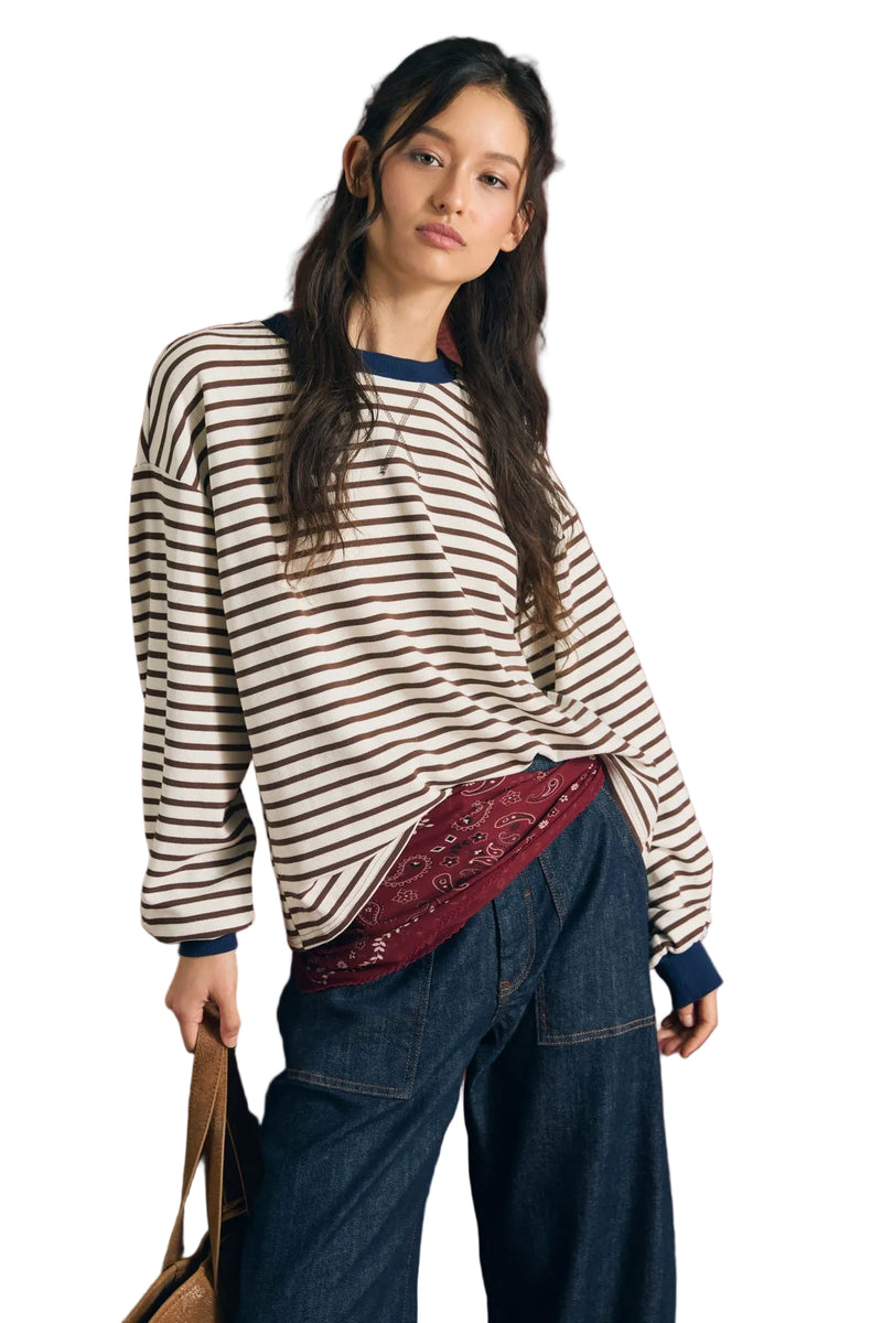 Blu Pepper Women's Brown Striped Crew Neck V-stitch Long Sleeve Knit Top 