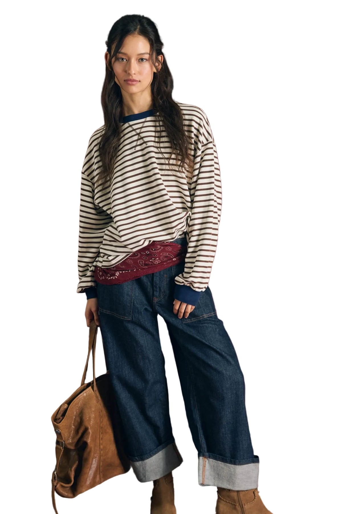 Blu Pepper Women's Brown Striped Crew Neck V-stitch Long Sleeve Knit Top 
