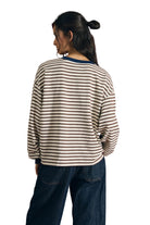 Blu Pepper Women's Brown Striped Crew Neck V-stitch Long Sleeve Knit Top 