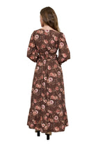 Blu Pepper Dark Brown Multi Floral V Neck Long Sleeve Ruffle Trim Midi Dress