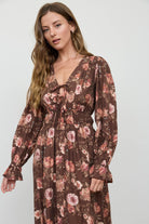 Blu Pepper Dark Brown Multi Floral V Neck Long Sleeve Ruffle Trim Midi Dress