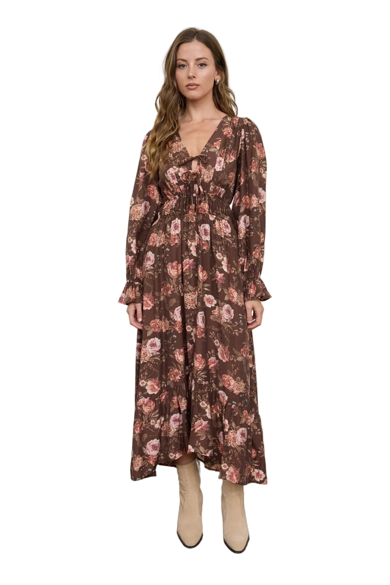 Blu Pepper Dark Brown Multi Floral V Neck Long Sleeve Ruffle Trim Midi Dress