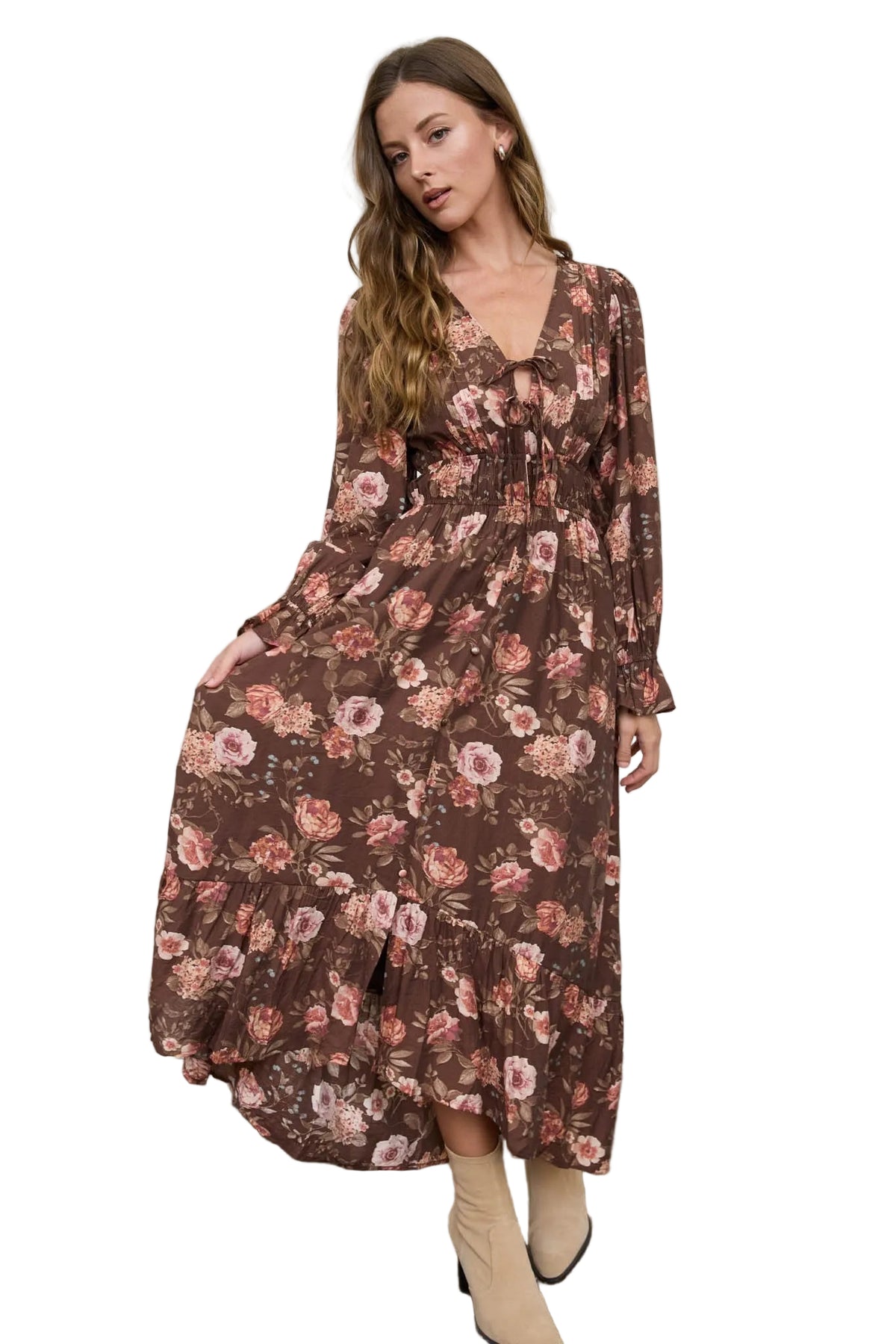 Blu Pepper Dark Brown Multi Floral V Neck Long Sleeve Ruffle Trim Midi Dress