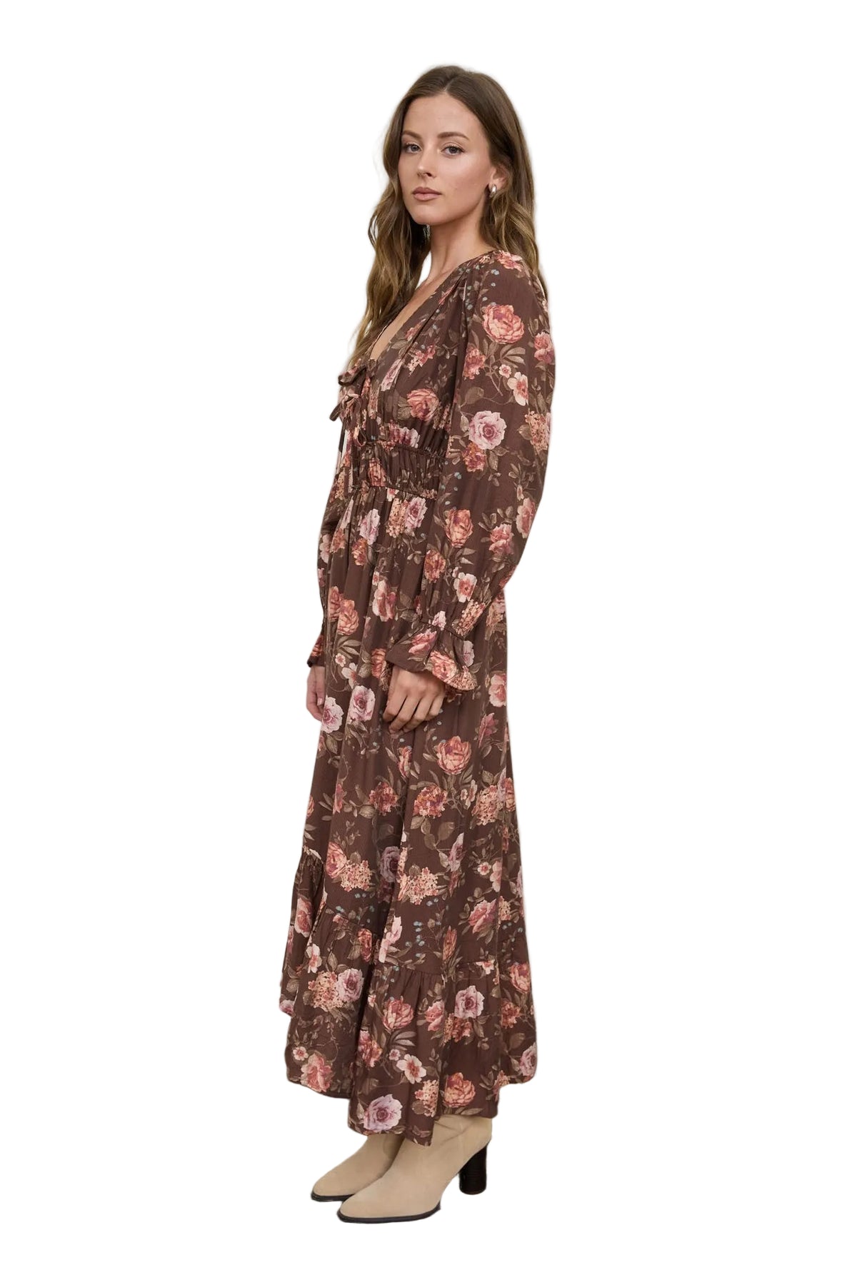 Blu Pepper Dark Brown Multi Floral V Neck Long Sleeve Ruffle Trim Midi Dress