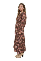Blu Pepper Dark Brown Multi Floral V Neck Long Sleeve Ruffle Trim Midi Dress