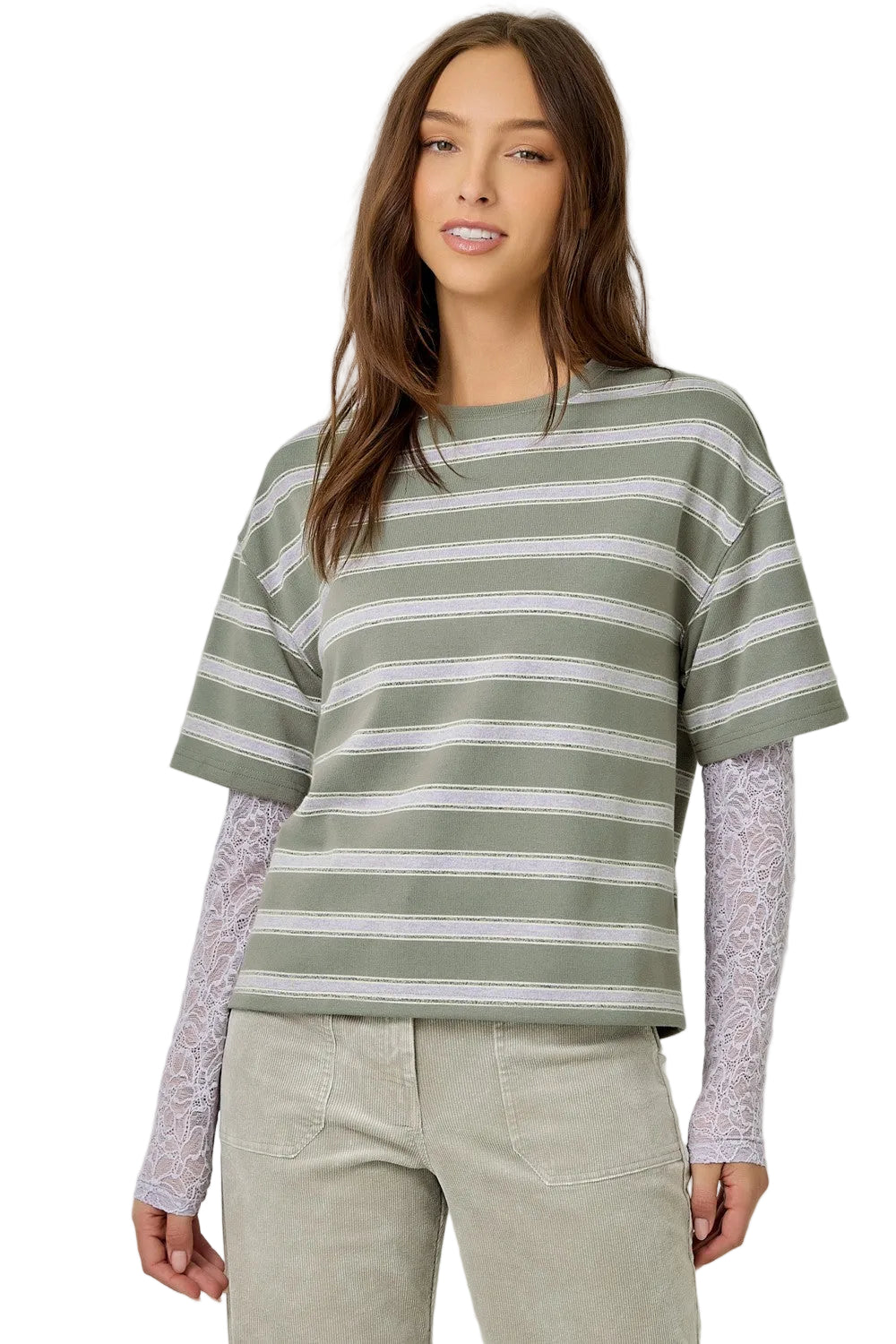 Mystree Women's Dried Sage Lace Sleeve Striped Boxy Top 