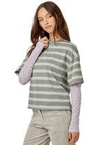 Mystree Women's Dried Sage Lace Sleeve Striped Boxy Top 