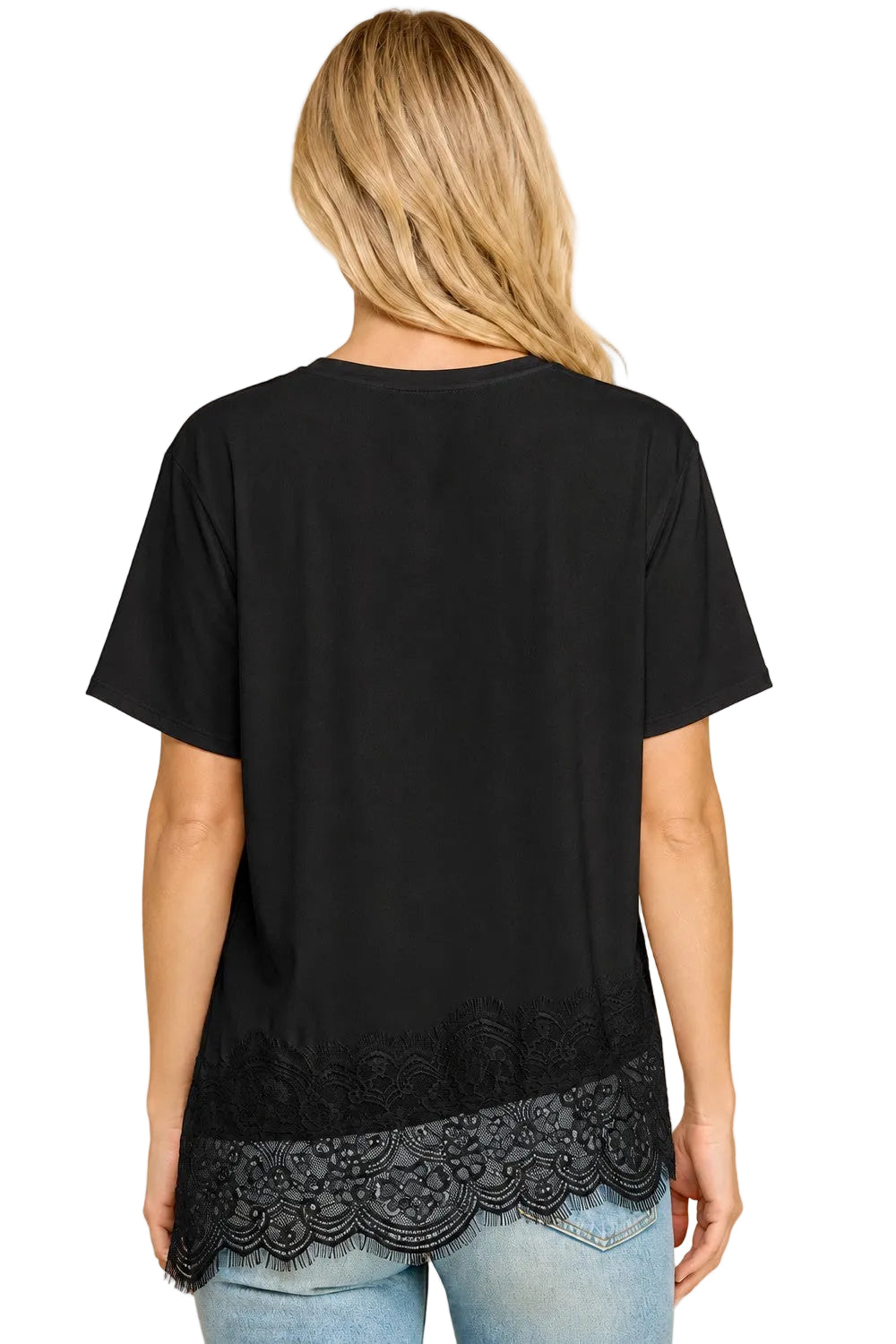 Women's Black Asymmetrical Lace Trim Top 