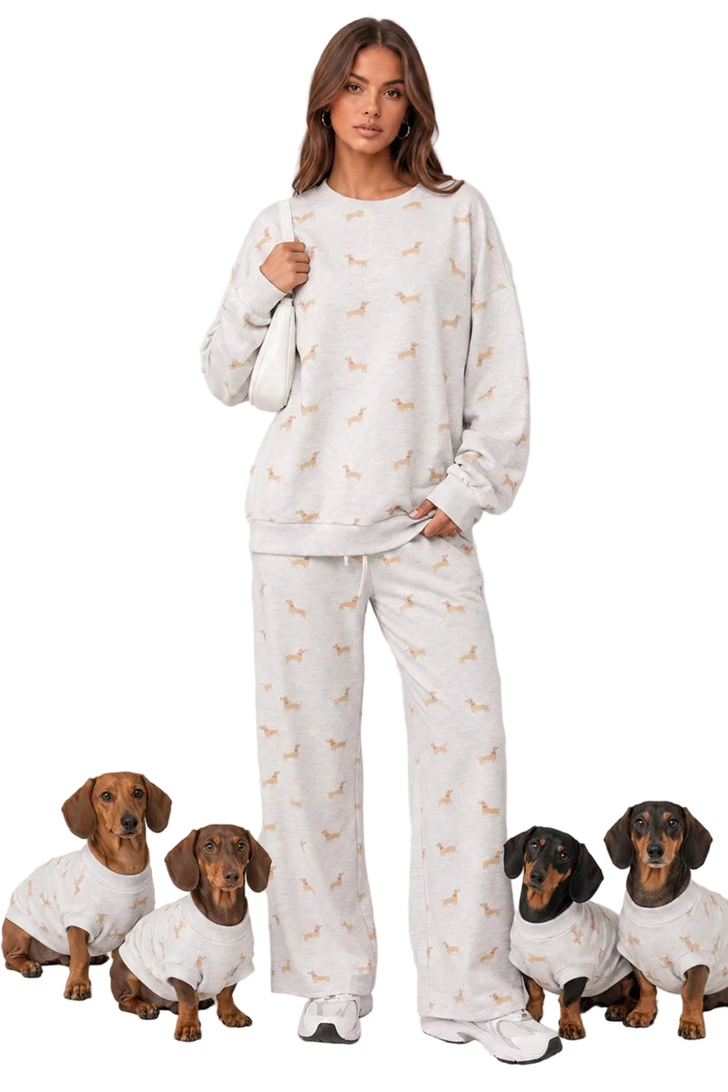 Very J Women's Gray Dachshund Print Sweatshirt and Wide Leg Pants Set 