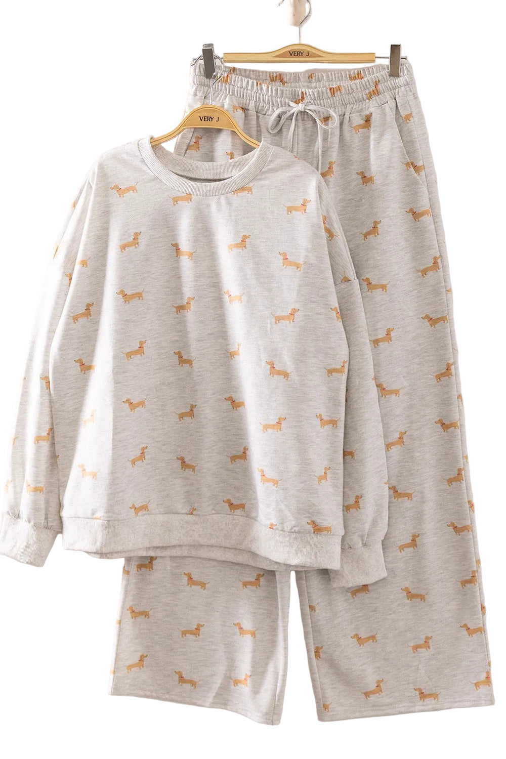Very J Women's Gray Dachshund Print Sweatshirt and Wide Leg Pants Set 
