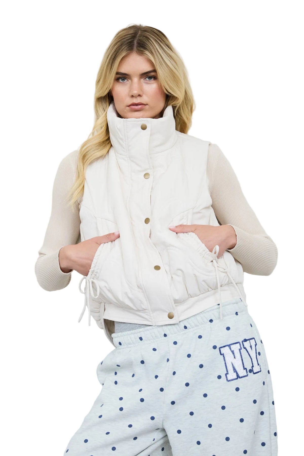 Blu Pepper Ivory Wave Quilted Snap-front Stand Collar Vest