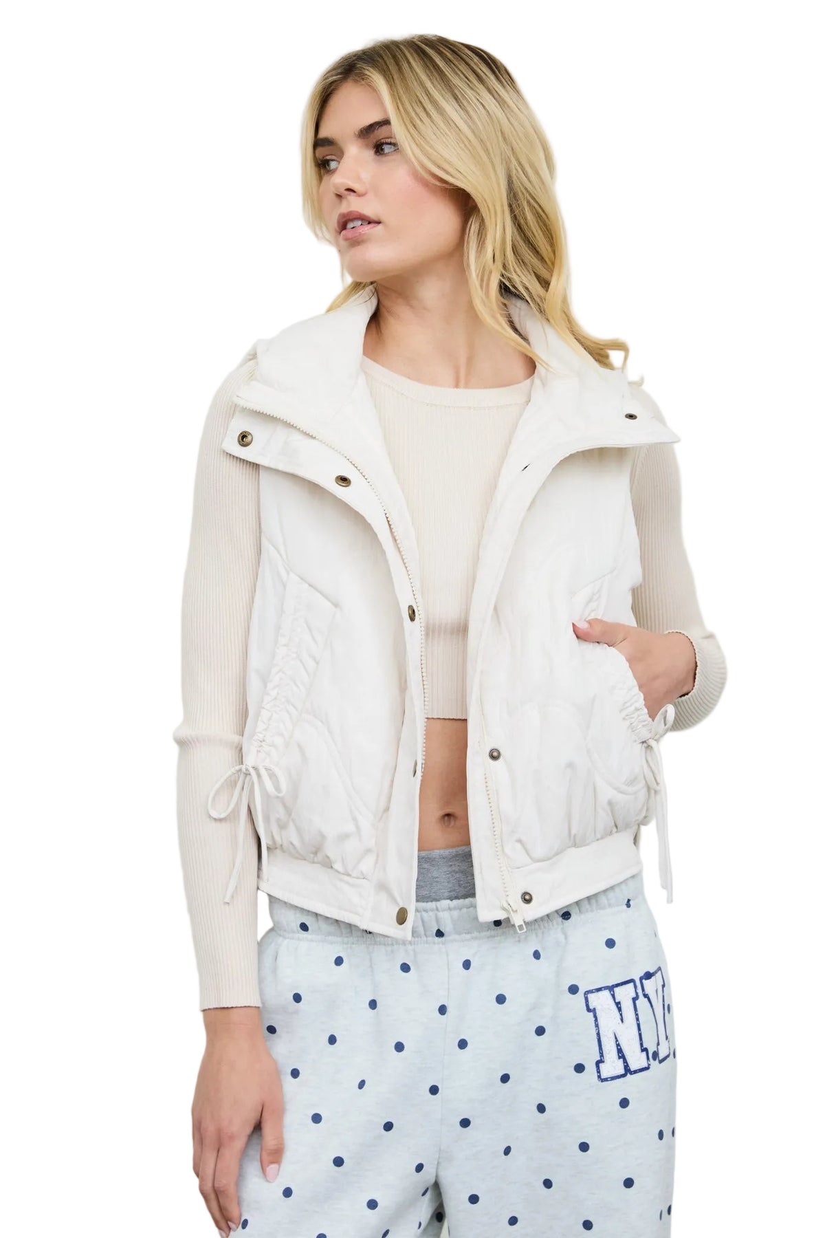 Blu Pepper Ivory Wave Quilted Snap-front Stand Collar Vest