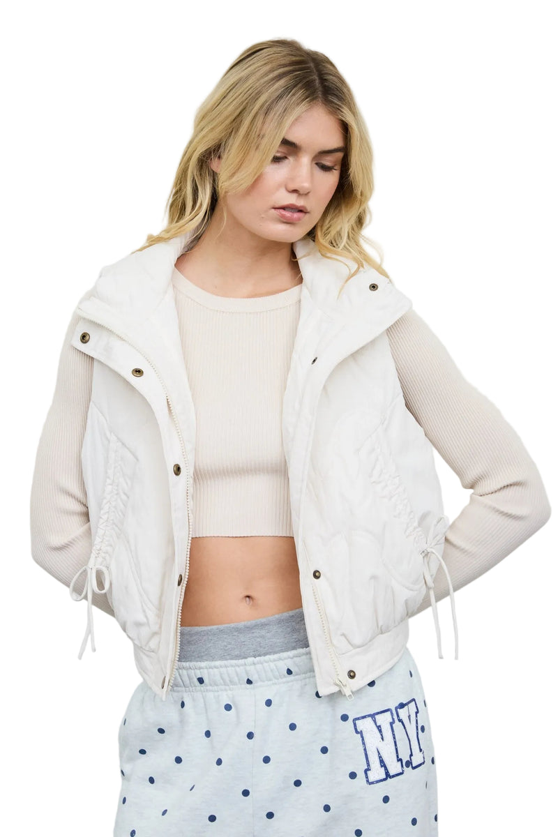 Blu Pepper Ivory Wave Quilted Snap-front Stand Collar Vest