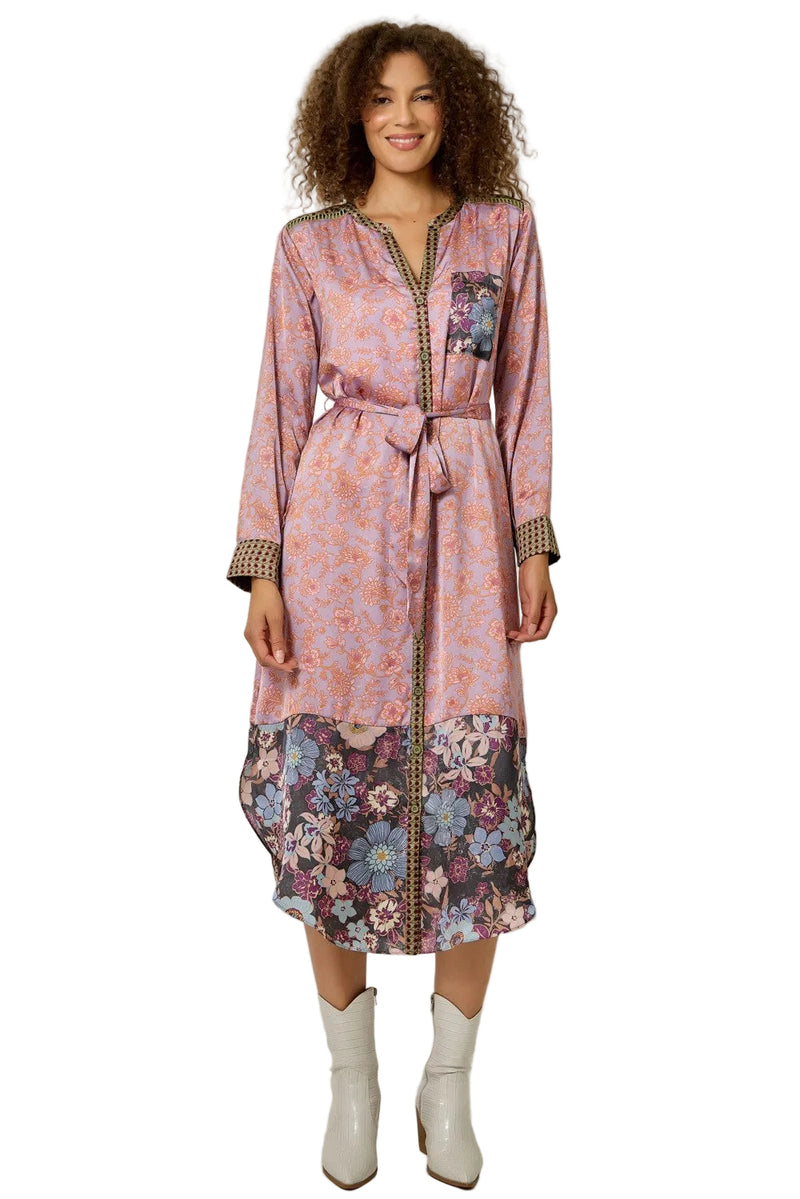 Mystree Women's Lavender Combo Mixed Print Satin Midi Shirt Dress 