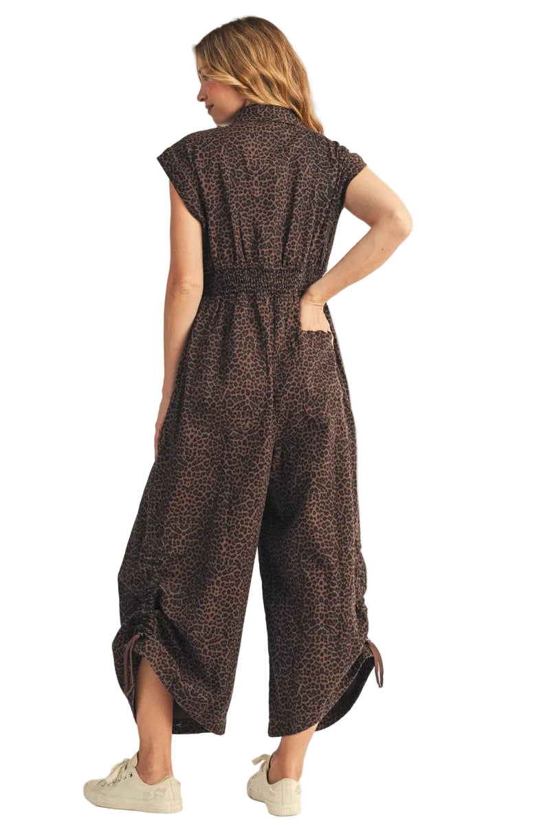 Jodifl Women's Mocha Drawstring Hemline Accent Wide Leg Leopard Jumpsuit 