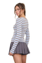 Blu Pepper Women's Dusty Blue Scoop Neck Striped Long Sleeve Knit Top 