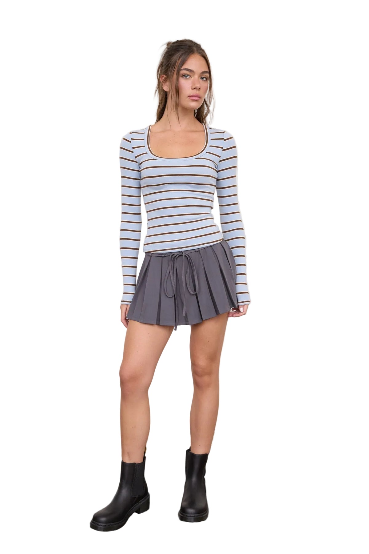 Blu Pepper Women's Dusty Blue Scoop Neck Striped Long Sleeve Knit Top 
