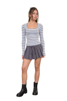Blu Pepper Women's Dusty Blue Scoop Neck Striped Long Sleeve Knit Top 