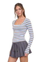 Blu Pepper Women's Dusty Blue Scoop Neck Striped Long Sleeve Knit Top 