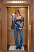Blu Pepper Women's Navy Scoop Neck Striped Long Sleeve Knit Top 