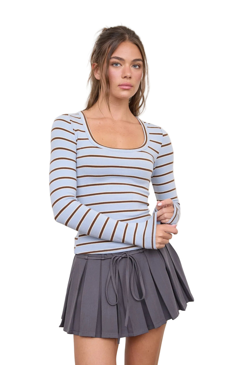 Blu Pepper Women's Dusty Blue Scoop Neck Striped Long Sleeve Knit Top 