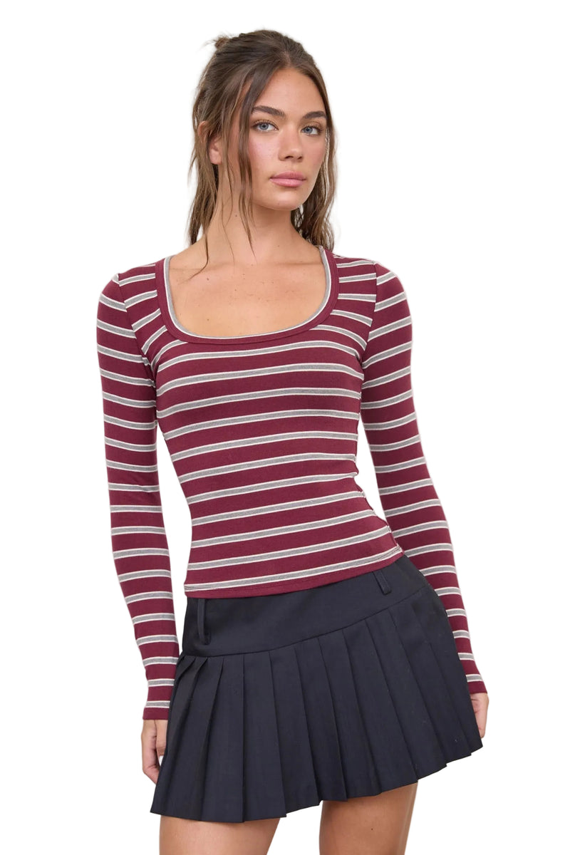 Blu Pepper Women's Oxblood Scoop Neck Striped Long Sleeve Knit Top 