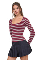 Blu Pepper Women's Oxblood Scoop Neck Striped Long Sleeve Knit Top 