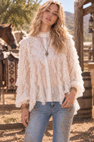 Bona Brand Women's Off White Boho Lace Ruffle High Neck Cape Blouse Top 