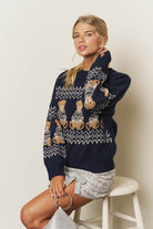 Blu Pepper Women's Navy Holiday Bear Motif Crew Neck Knit Sweater 