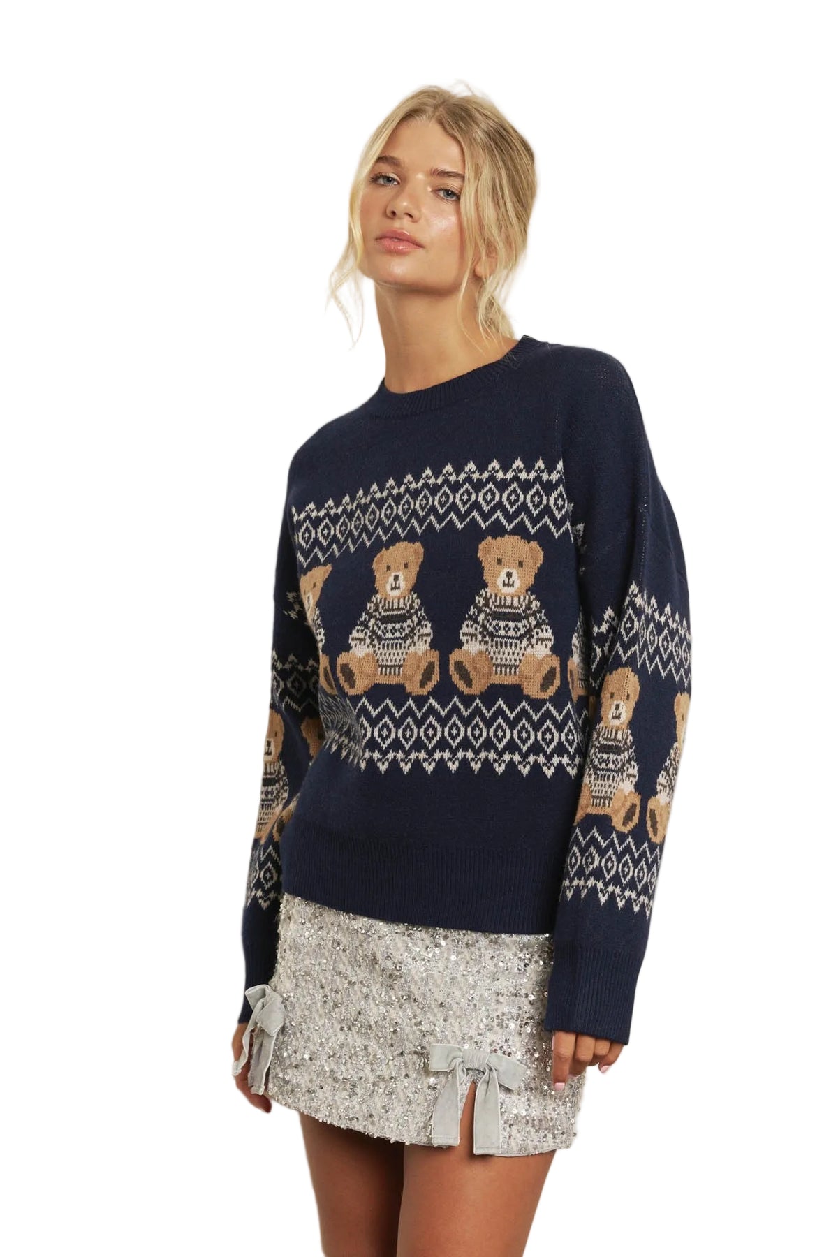 Blu Pepper Women's Navy Holiday Bear Motif Crew Neck Knit Sweater 