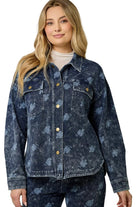 Mystree Women's Deep Blue Printed Knit Denim Shacket 
