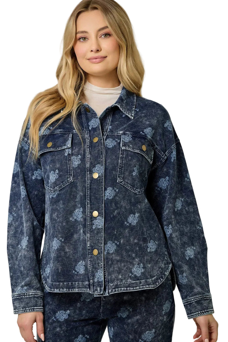 Mystree Women's Deep Blue Printed Knit Denim Shacket 