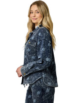 Mystree Women's Deep Blue Printed Knit Denim Shacket 