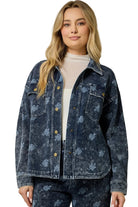 Mystree Women's Deep Blue Printed Knit Denim Shacket 