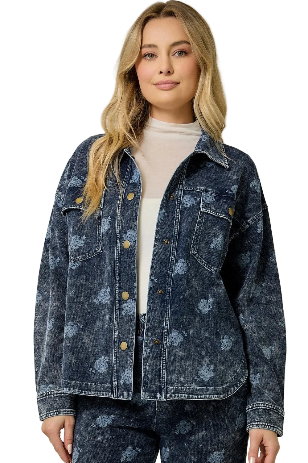 Mystree Women's Deep Blue Printed Knit Denim Shacket 