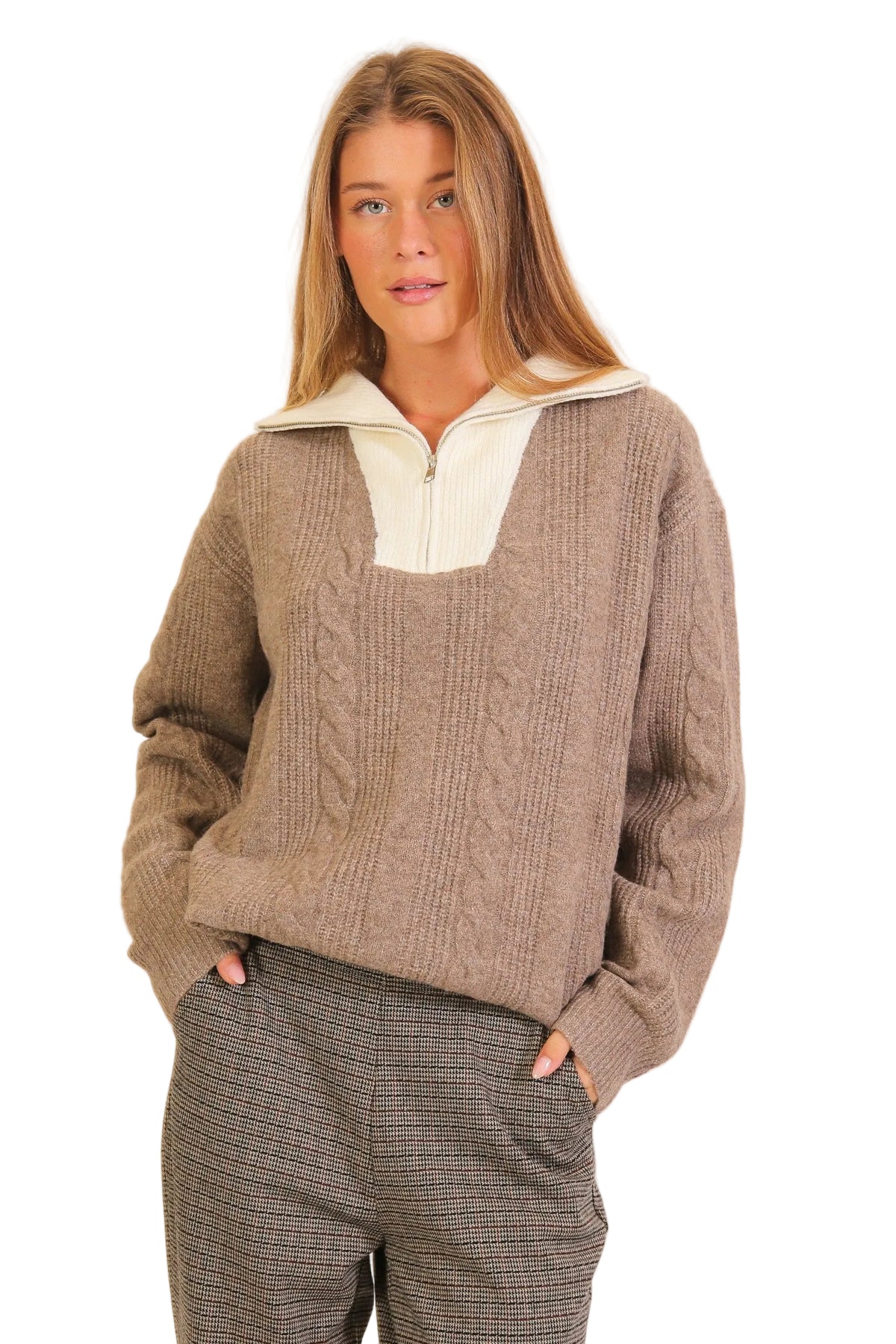 Women's Mocha/Ivory Aspen Lodge Cable Knit Sweater 