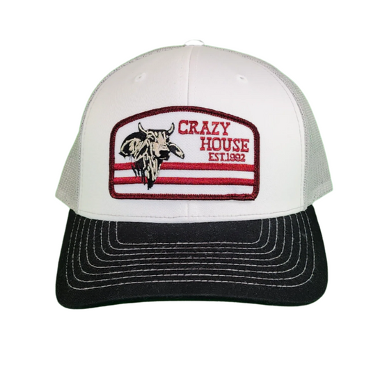 White Snapback with Red/White Bull Patch - Crazy House Western Wear