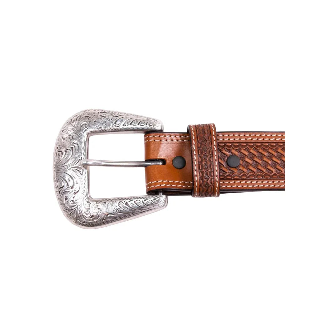 Men's Cowboy Chrome Brown Double Stitched Border Belt and Window Inlay 2778