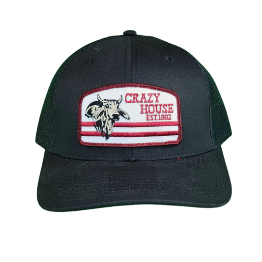 Black Snapback with Red/White Bull Patch - Crazy House Western Wear