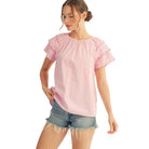 Women's Pink Embroidered Scallop Detail Sleeve Stripe Top M50334