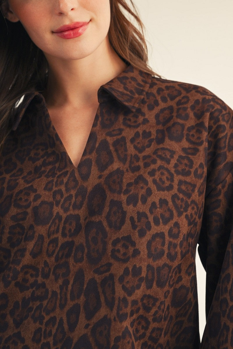Jodifl Women's Leopard Scallop Edge Detail Leopard Suede Top 
