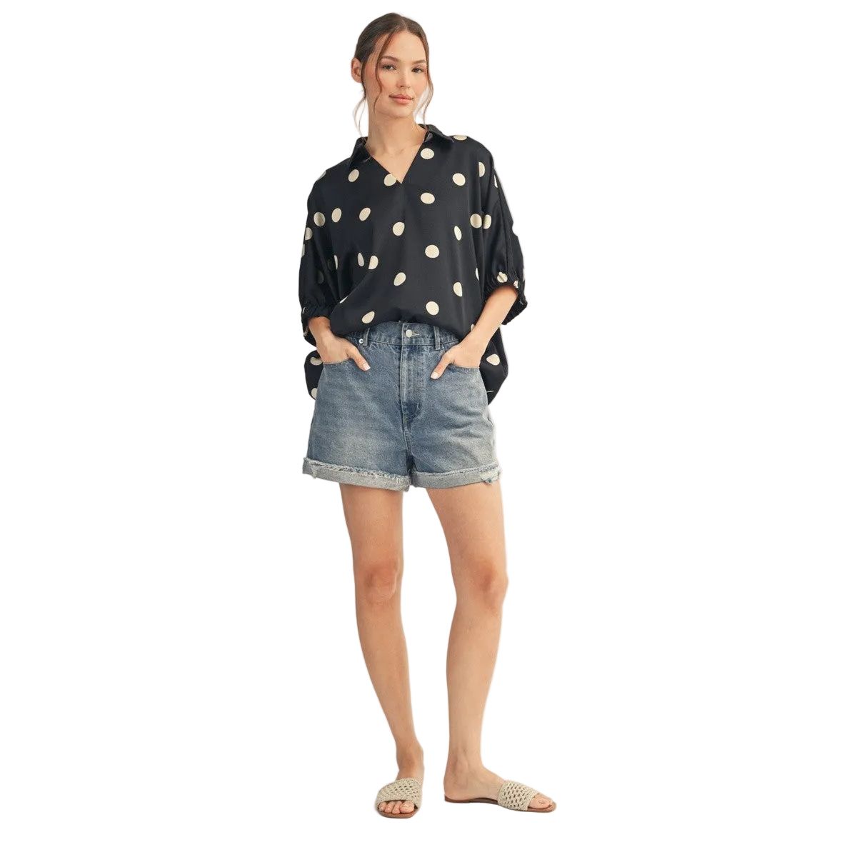 Women's Black Polka Dot Satin Top G13482-7