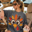 Women's Gray Short Sleeve Patchwork Turkey Graphic T-shirt 