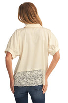 Jodifl Women's Ivory Lace Hem Detail Solid Satin Top 