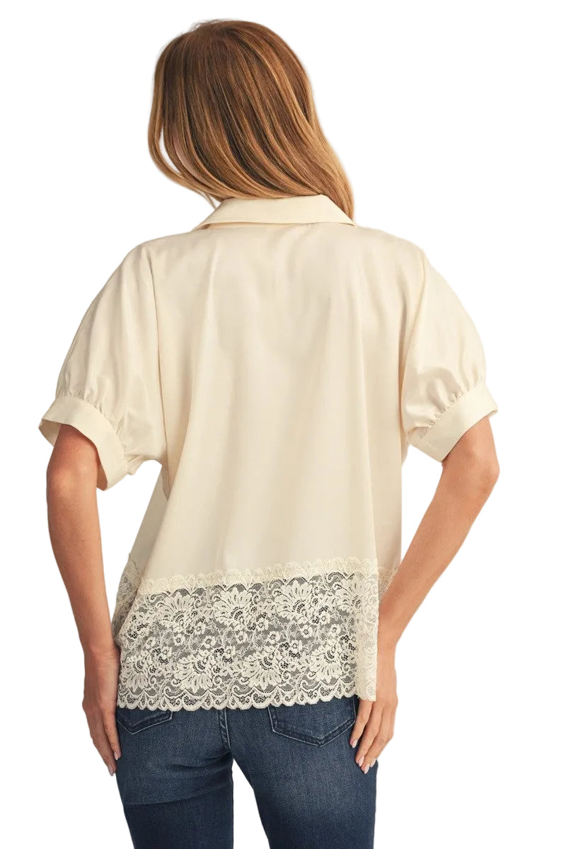 Jodifl Women's Ivory Lace Hem Detail Solid Satin Top 
