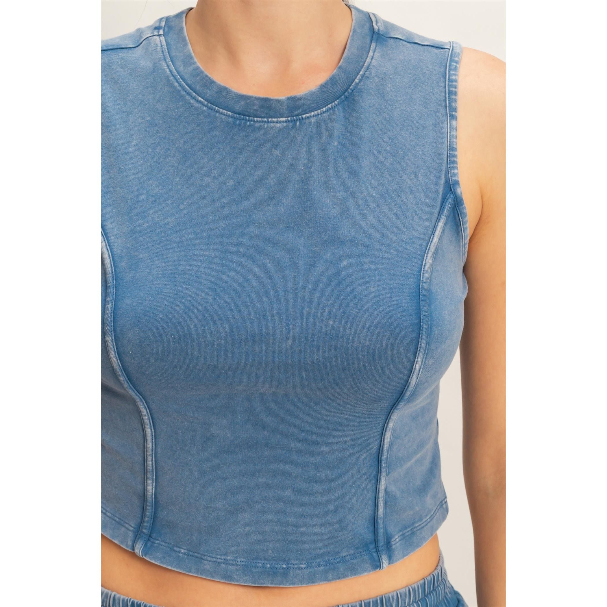 Women's Navy Mineral Washed Sleeveless Top & Wide Leg Pants Set DZ26A371-SET