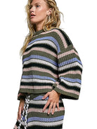 Women's Olive Multi Striped Pattern Round Neck Chenille Sweater Top
